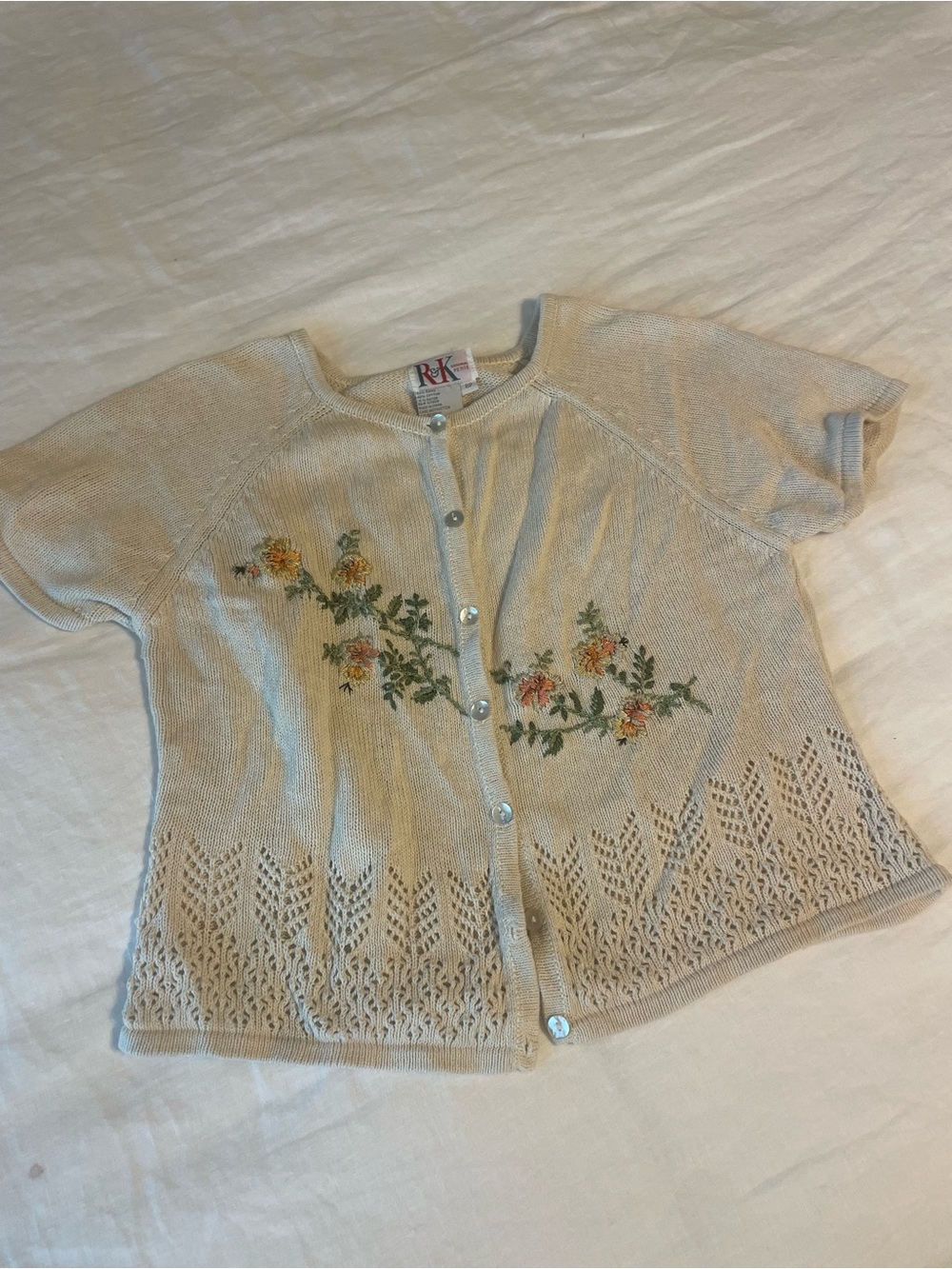 R&K Cream Short-Sleeve Embroidered Cardigan